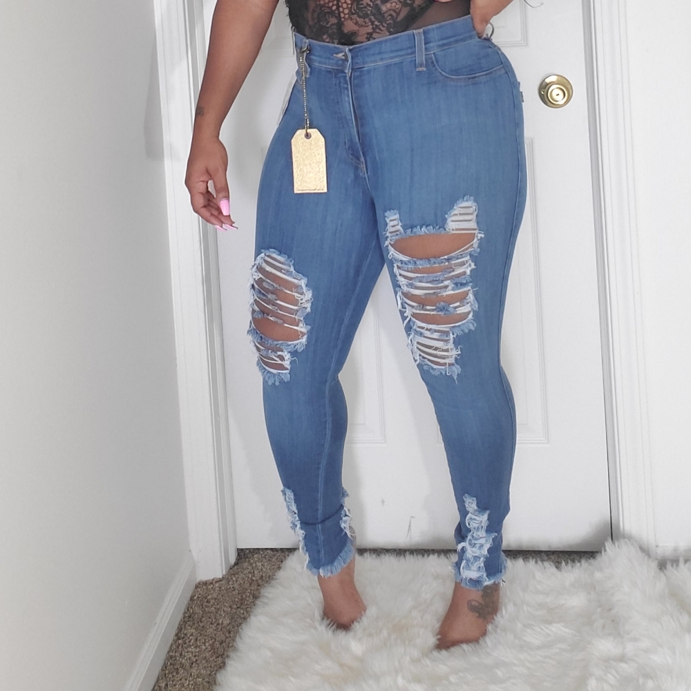 Mid Rise Denim Distressed Hem Jeans